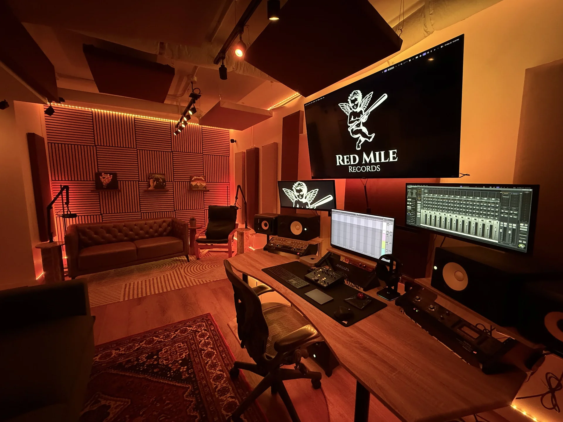Red Mile Records mixing and mastering control room with monitors and outboard gear in Calgary