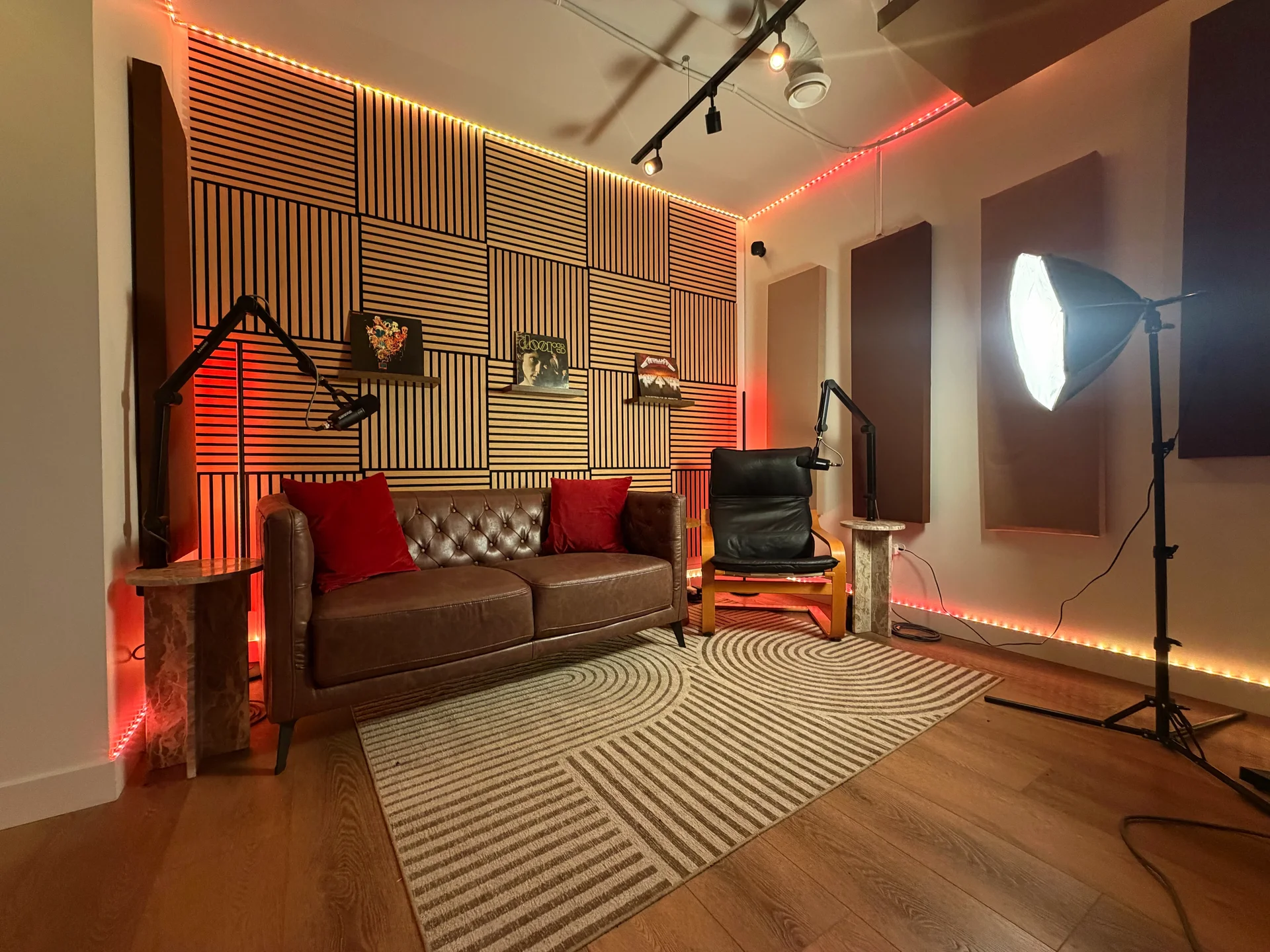 Red Mile Records podcast studio with Shure MV7X microphones Calgary
